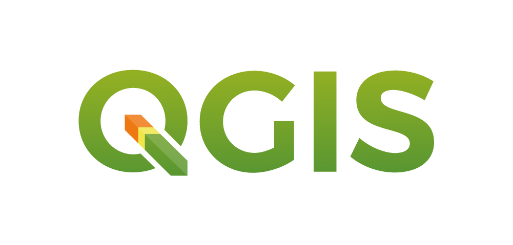 Logo: QGIS. Very simple green all capital letters. The Q has a bit of orange and yellow stripes on the inner part of the line. 