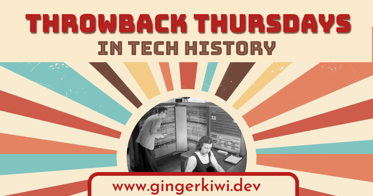 1970s retro style graphic.Text says: Ginger Kiwi's Throwback Thursdays in Tech History.At the bottom is https://gingerkiwi.devDesign: light tan background. A sunburst style design with muted and slightly distressed very thick lines of brown, aqua blue, muted red, salmon pink, and light tan yellow. At the centre is a circular black and white picture of Man and woman working with IBM type 704 electronic data processing machine used for making computations for aeronautical research. Langley NACA