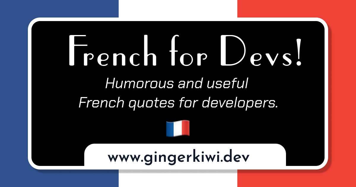Horizontal rectangular graphic. White text inside a black rectangle with rounded corners. The square is on top of a French flag. Text reads:  French for Devs! in a curly font. Below in a monospaced computer type italic font it says Humorous and useful French quotes for developers. Underneath there's a French flag emoji. at the bottom in black sans serif text on a white background: https://gingerkiwi.dev